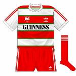 1984-86 Away:
First away kit, essentially the same as the home but with the green and red parts swapping places.
