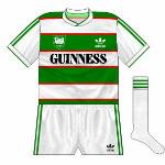 1984-86 Home:
White shorts and white socks. Green shorts and green socks were not worn with the crested shirts, apparently.
